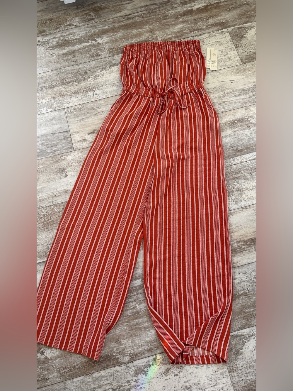 No Boundaries Red Stripe Strapless Jumpsuit with Tie Waist